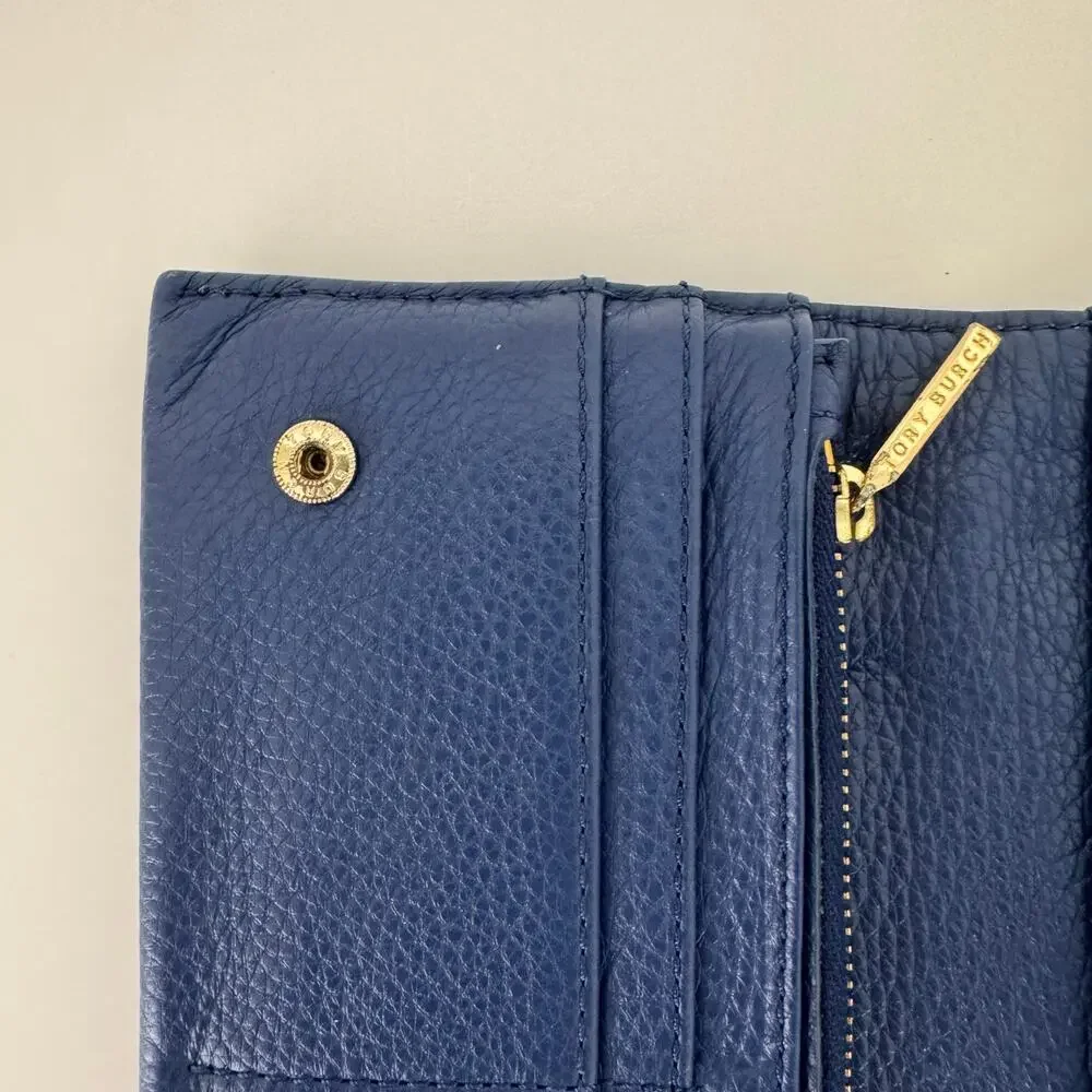 Tory Burch Amanda Envelope Continental Wallet Blue Pebble Leather Gold-Tone Logo